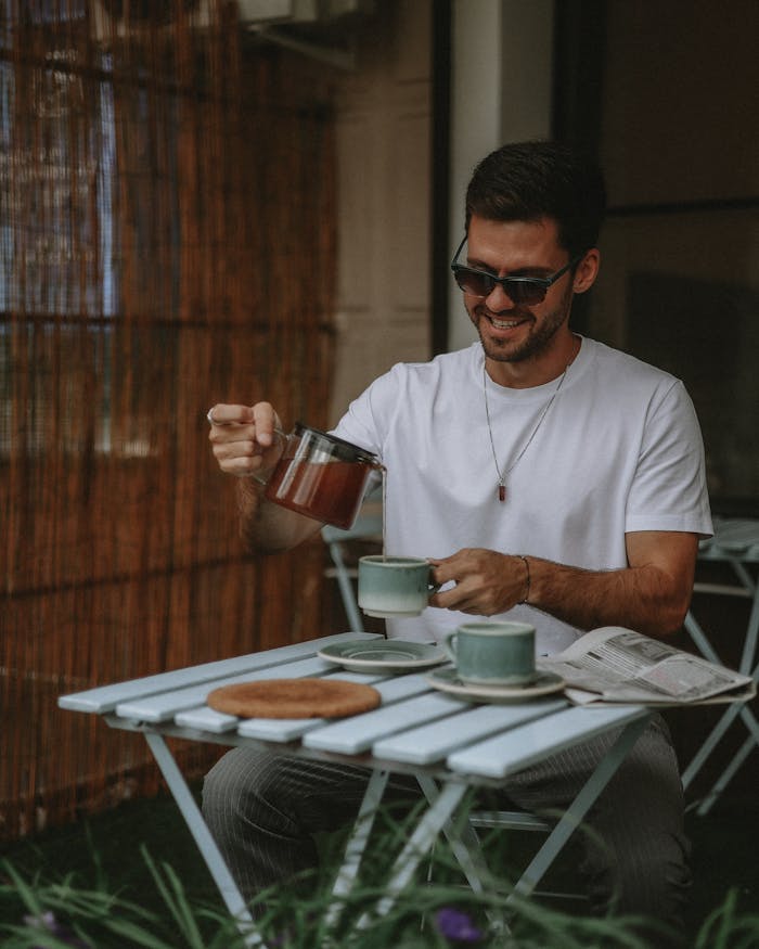Smiling man in white t-shirt pouring tea outdoors, enjoying leisure time.